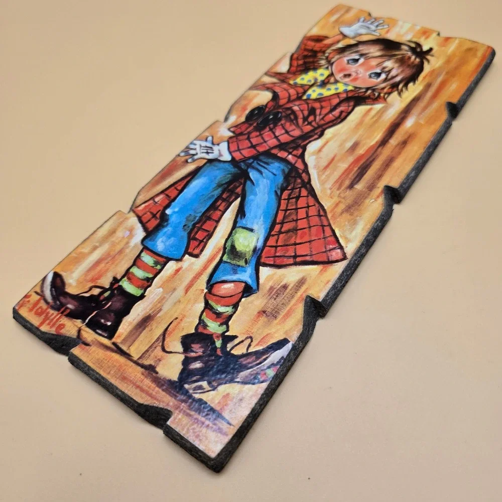 Vintage Idylle Italy Wood Wall Plaque Mid Century Boy Plaid Coat Art